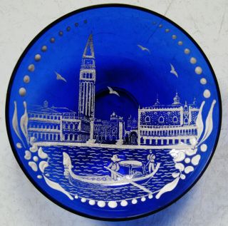 Lovely Small Antique White Enameled Cobalt Blue Glass Footed Bowl Venice Scene