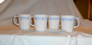 Vintage Corning / Corelle  Morning Blue  4 Coffee Cups White/blue Flowers Euc