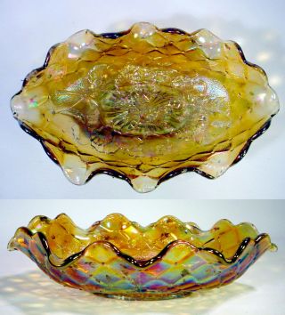 Carnival Glass Candy Dish Bowl Marigold Lustre Diamond Iris Flower Iridescent
