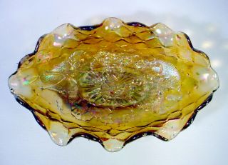 CARNIVAL Glass CANDY DISH Bowl MARIGOLD LUSTRE Diamond IRIS Flower IRIDESCENT 2