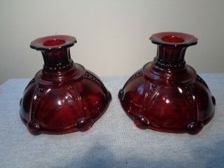 2 Vintage Hocking Glass Company Ruby Red Oyster & Pearl Candlesticks C.  1940