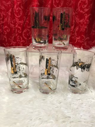 5 Vintage Oil And Gas Well Shooting Drinking Glasses 1963