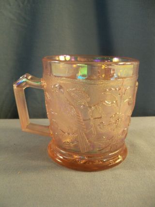 Imperial Pink Carnival Glass Mug W/ Singing Robins / Birds Design