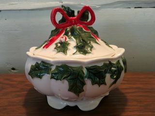 Vintage Lefton Covered Candy Dish White W/ Green Holly Red Berries & Bow