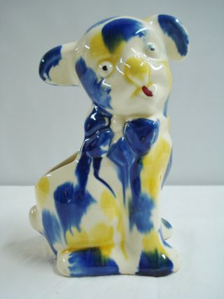 Morton Pottery Pupply Planter Gingham Dog Yellow Blue Calico Drip Glaze Midwest