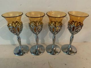 4 Vintage Art Deco Farber Bros York Chrome Amber Glass Wine Goblets Glasses