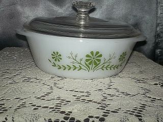 Vtg Corning Ware Pyrex 2 Qt Round Covered Casserole Dish Lid Green Diasy Flowers