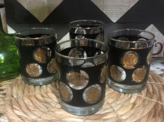 Vintage Libbey Black And Gold Coin Glasses,  Set Of 4,  Whiskey - Cocktail