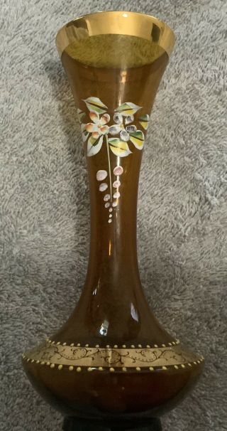 Antique Bohemian Amber Glass Vase - Moser Style - Hand Painted/24k Gold Paint