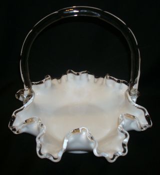 Vintage Fenton White Milk Glass Silvercrest 6 ¾” Ruffled Crystal Handled Basket