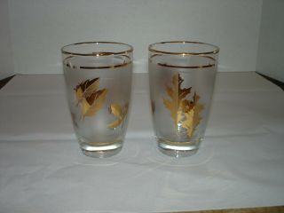 Vintage Set Of 2 Libby Frosted Gold Leaf High Ball Glasses 10oz.