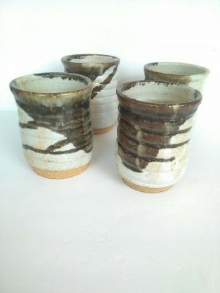 Hand Thrown Artist Signed Pottery Brown Mugs Set Of 4