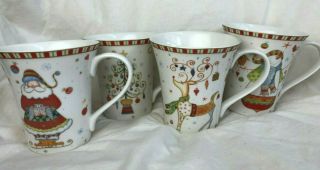 222 Fifth Christmas Play Pts International Fine Porcelain China Set Of 4 Mugs