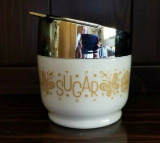Vintage Gemco Sugar Bowl Dish White Pyrex Glass Yellow Butterfly Gold