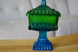 Vintage Art Deco Footed Blue Green Carnival Glass Candy Dish With Lid