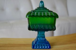 Vintage Art Deco Footed Blue Green Carnival Glass Candy Dish with Lid 2