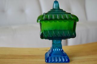 Vintage Art Deco Footed Blue Green Carnival Glass Candy Dish with Lid 3