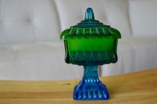 Vintage Art Deco Footed Blue Green Carnival Glass Candy Dish with Lid 4