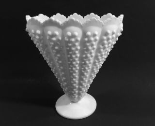 Westmoreland English Hobnail? Bead White Milk Glass Fan Style Vase 8x7 "