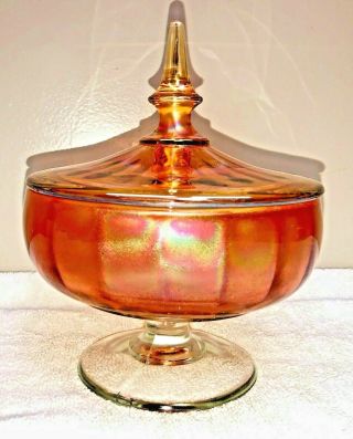 Vintage Iridescent Marigold Carnival Glass Footed Candy Dish With Lid