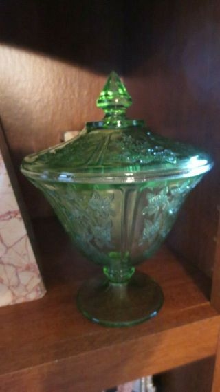 Vintage Antique Green Depression Sharon Cabbage Rose Candy Jar Federal Glass