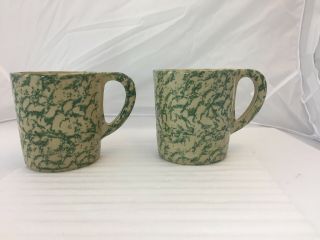 Set Of 2 Robinson Ransbottom Ceramic Mugs 12oz Green Spongeware,  Roseville,  Ohio
