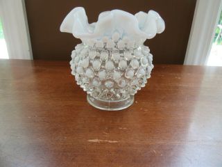 Vintage Fenton Hobnail Opalescent French White 4 3/4 " Ruffled Vase