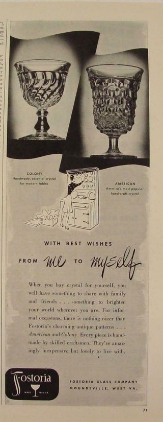 1946 Fostoria Colony & American With Best Wishes Print Ad