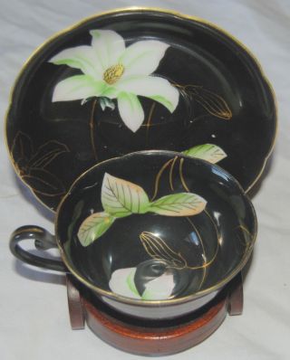 Vintage Princess China Tea Cup Saucer Black White Floral Flower Occupied Japan
