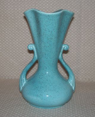 Vintage Red Wing Art Deco Aqua Turquoise Blue Speckled Double Handle Vase 505
