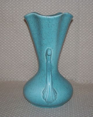 Vintage Red Wing Art Deco Aqua Turquoise Blue Speckled Double Handle Vase 505 2