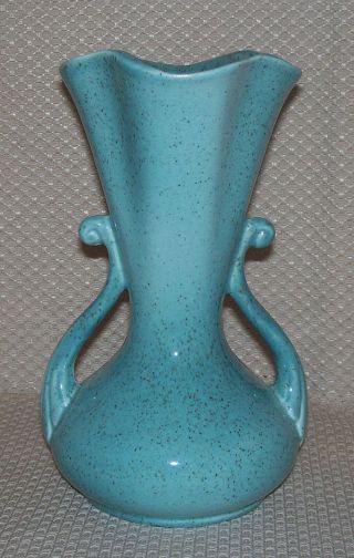Vintage Red Wing Art Deco Aqua Turquoise Blue Speckled Double Handle Vase 505 3