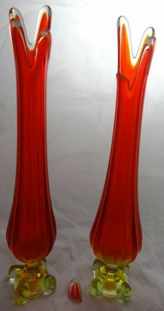 Rare Vintage Viking Glass Amberina/red & Yellow Footed Swung Vases - Mid - Century