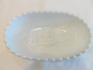 Rare Vintage Imperial Milk Glass Oval Bowl With Design Inside And Scalloped Edge