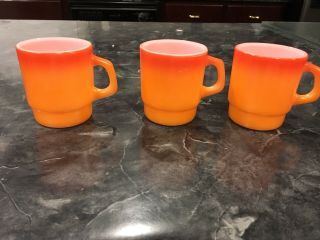 3 Vintage Fire King Anchor Hocking Coffee Cup Mug Orange Shaded Stackable