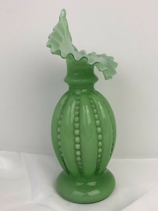 Vintage Fenton Green Overlay Beaded Melon Jack In The Pulpit Vase 4