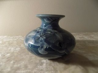 Wizard Of Clay Blue Crystaline Glaze Studio Pottery Vase.  5 " Tall.