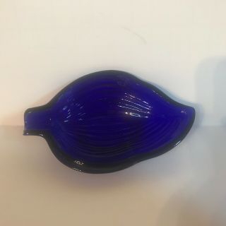 Vintage Cobalt Blue Glass Molded Leaf Shape Personal Ash Tray Trinket Ring Dish