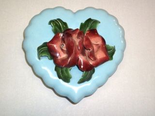 Rare Johannes Brahm California Pottery Lt Blue Trinket Box Heart Shaped W Roses