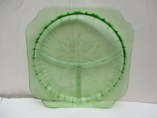Vintage Jeannette Glass " Adam " Pattern Green Divided Grill Plate