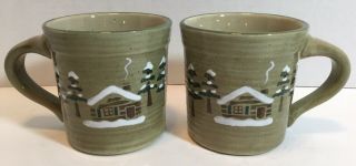 Set Of 2 Sonoma Home Goods Lodge Mugs Coffee Cups Snow Cabin Trees