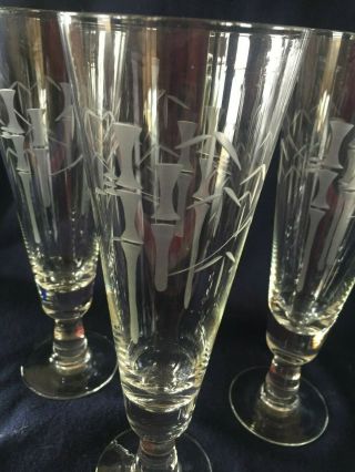 8 Etched Crystal NORITAKE/ SASAKI BAMBOO DESIGN PILSNER GLASSES 8 3/4 
