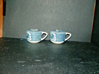 Vintage CURRIER and IVES Royal China Blue Transferware Salt and Pepper Shakers 4