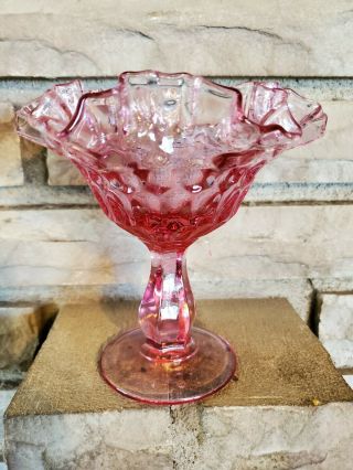 Vintage Fenton Glass Cranberry Ruffled Edge Thumbprint Candy Dish / Compote