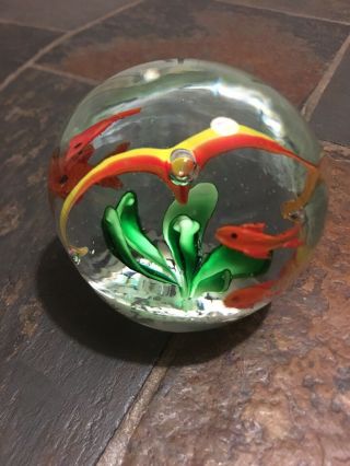 Vintage Art Glass Paperweight - Flower With Fish