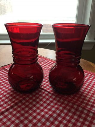 2 Ruby Red Depression Glass Flared Vases Anchor Hocking 6 - 3/8 "