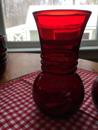 2 Ruby Red Depression Glass Flared Vases Anchor Hocking 6 - 3/8 