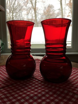 2 Ruby Red Depression Glass Flared Vases Anchor Hocking 6 - 3/8 