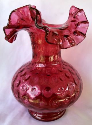 Vintage Fenton Cranberry Coin Dot Glass Vase Ruffled Top 7 " Antique Collectible