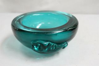 Very Rare Blenko Applied Brutalist Green Round Fish Glass Bowl Eames Era